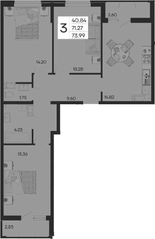 3-комн., 71.27 м², 8/18 этаж, ЖК «Дом 101»