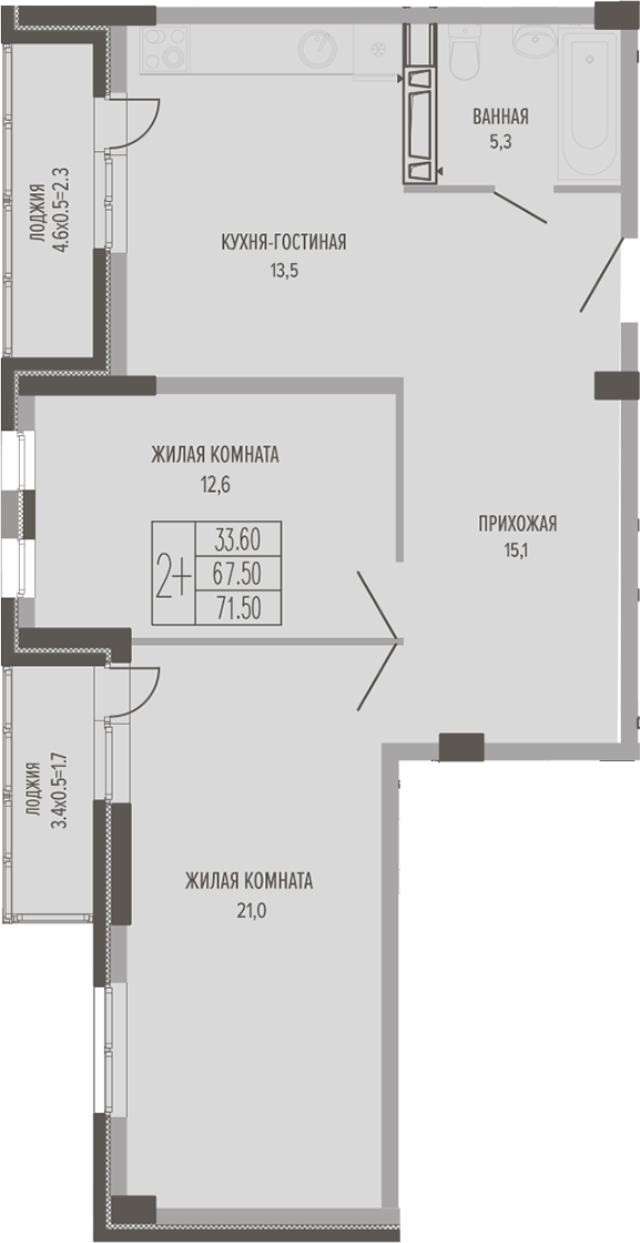 3-комн., 69.3 м², 5/5 этаж, ЖК «Екатерининский парк»