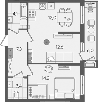 2-комн., 53.6 м², 2/24 этаж, ЖК «Рекорд»