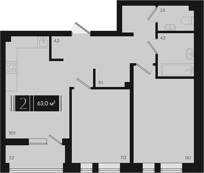 2-комн., 61.4 м², 2/9 этаж, ЖК «Эрмитаж»