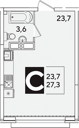 Студия, 27.3 м², 13/16 этаж, ЖК «Самолет»