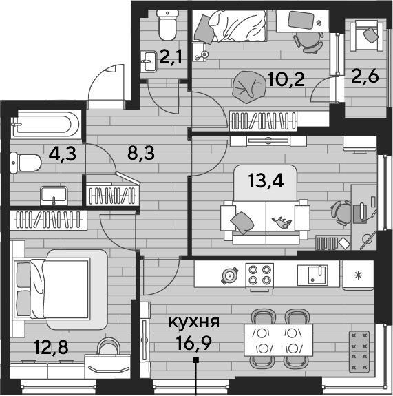 3-комн., 68 м², 2/16 этаж, ЖК «DОГМА ПАРК»