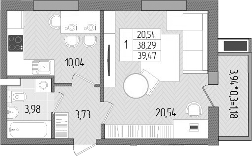 1-комн., 38.29 м², 1/8 этаж, ЖК «Сады у моря»