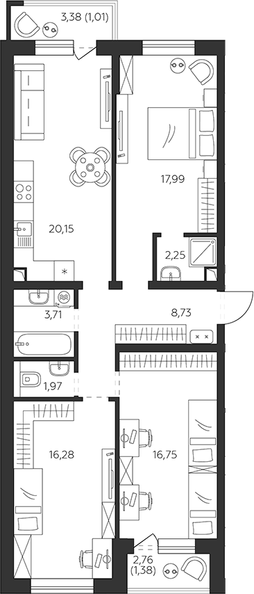 3-комн., 87.83 м², 2/9 этаж, ЖК «К24»