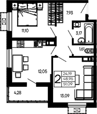2-комн., 48.95 м², 11/14 этаж, ЖК «Эпос»