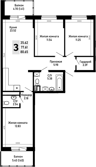 Продается 3-комн. квартира, 77.61 м²
