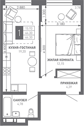 1-комн., 45.6 м², 8/9 этаж, ЖК «Иначе в Молодежном»