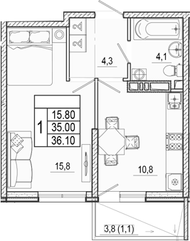 1-комн., 35 м², 2/17 этаж, ЖК «Лестория»