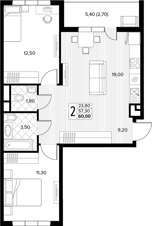 2-комн., 57.3 м², 2/7 этаж, ЖК «Кипарис»