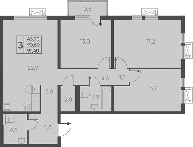 3-комн., 90.6 м², 3/24 этаж, ЖК «Барса»