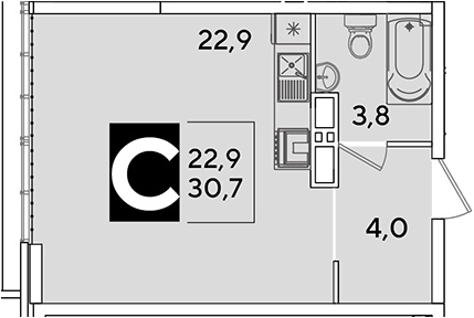 Студия, 30.7 м², 16/16 этаж, ЖК «Самолет»