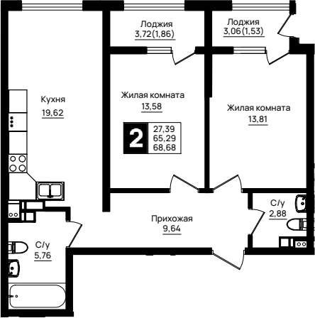 2-комн., 65.29 м², 5/9 этаж, ЖК «Резиденция морей»
