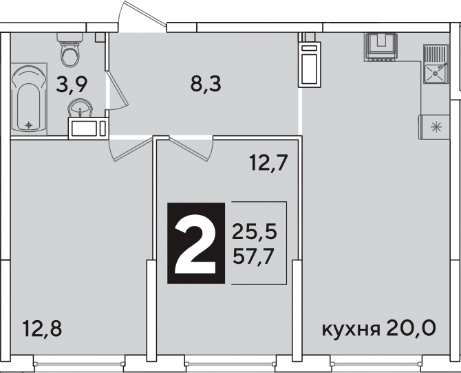 3-комн., 57.7 м², 14/16 этаж, ЖК «Самолет»