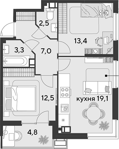 3-комн., 57.8 м², 9/9 этаж, ЖК «Парк Победы»