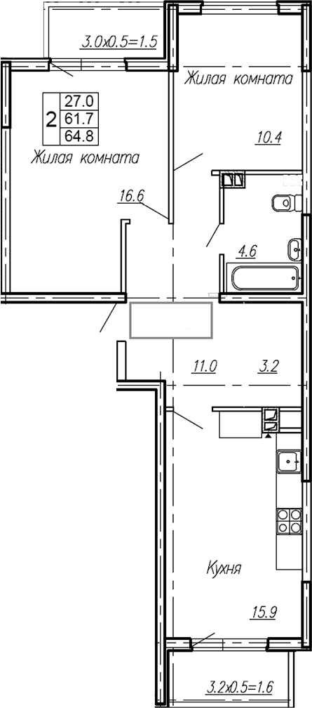 Продается 2-комн. квартира, 61.7 м²