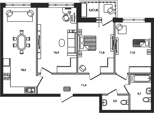 3-комн., 75.8 м², 8/9 этаж, ЖК «Сиреневый бульвар»