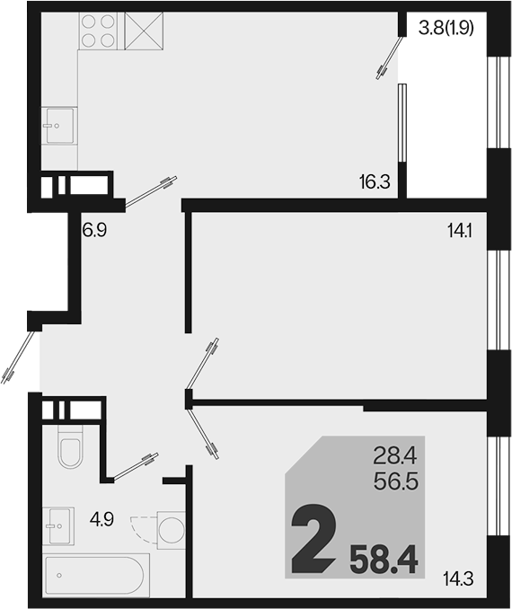 3-комн., 56.5 м², 13/18 этаж, ЖК «Первое место»