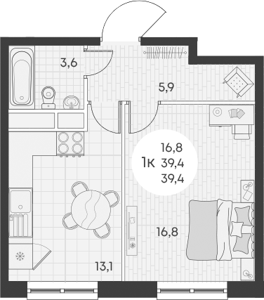 1-комн., 39.4 м², 6/14 этаж, ЖК «Грин Эппл»