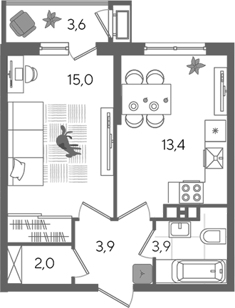 1-комн., 38.2 м², 9/24 этаж, ЖК «Рекорд»