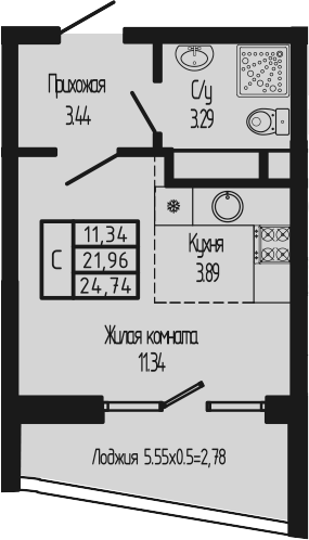 Студия, 21.96 м², 12/12 этаж, ЖК «Sun Hills Ольгинка»