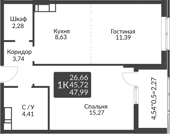 2-комн., 45.72 м², 6/16 этаж, ЖК «На Высоте»