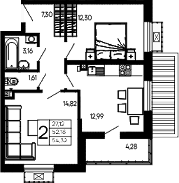 2-комн., 52.18 м², 2/14 этаж, ЖК «Эпос»