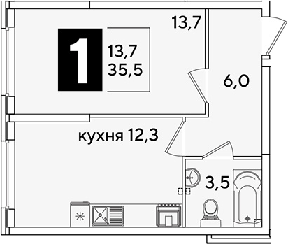 1-комн., 35.5 м², 2/16 этаж, ЖК «Самолет»