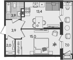 1-комн., 38.2 м², 9/24 этаж, ЖК «Рекорд»