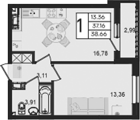 Продается 1-комн. квартира, 37.16 м²