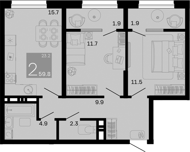 Продается 2-комн. квартира, 56 м²