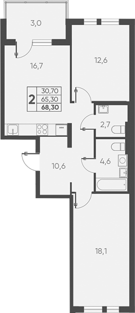 2-комн., 65.3 м², 8/15 этаж, ЖК «Барса»