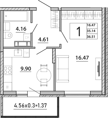 1-комн., 35.14 м², 8/8 этаж, ЖК «Любимый дом. СЗ СтройГрупп»