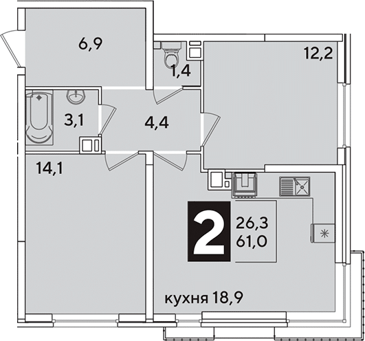 3-комн., 61 м², 3/16 этаж, ЖК «Самолет»