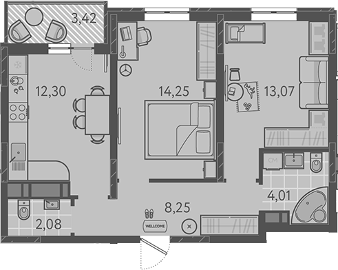 2-комн., 53.96 м², 8/9 этаж, ЖК «Теплые края»