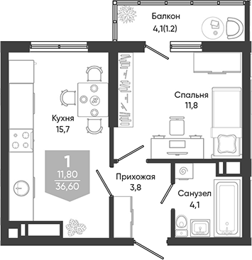 2-комн., 35.4 м², 20/24 этаж, ЖК «Облака»