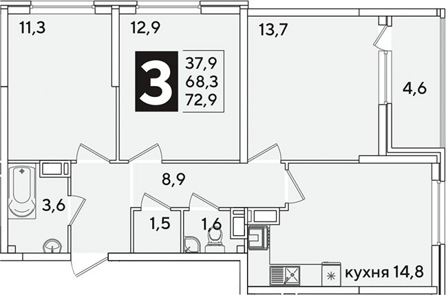 4+ комнаты, 68.3 м², 12/16 этаж, ЖК «Самолет»