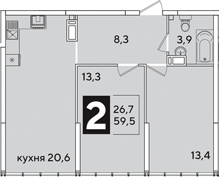 3-комн., 59.5 м², 16/16 этаж, ЖК «Самолет»