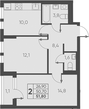 Продается 2-комн. квартира, 50.7 м²