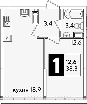 2-комн., 38.3 м², 16/16 этаж, ЖК «Самолет»