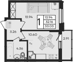 Продается 1-комн. квартира, 32.16 м²