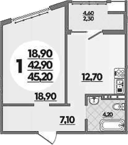 1-комн., 42.9 м², 7/16 этаж, ЖК «Горгиппия»