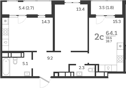 3-комн., 59.6 м², 24/24 этаж, ЖК «Все Свои VIP»