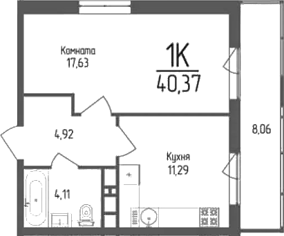 1-комн., 37.95 м², 8/18 этаж, ЖК «Кумир»