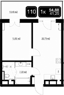 2-комн., 41.43 м², 7/9 этаж, ЖК «ГК Кайрос»