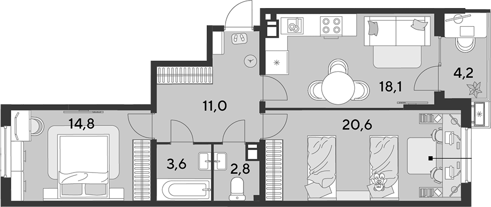 3-комн., 70.9 м², 7/18 этаж, ЖК «Парк Победы»