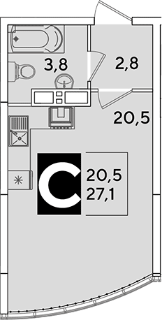 Студия, 27.1 м², 16/16 этаж, ЖК «Самолет»