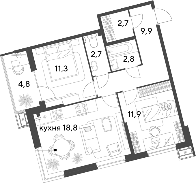 3-комн., 60.1 м², 2/18 этаж, ЖК «Парк Победы»