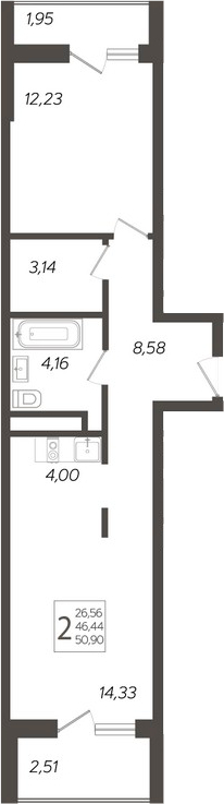 2-комн., 46.44 м², 2/19 этаж, ЖК «Кислород»