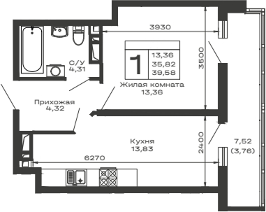1-комн., 35.82 м², 5/16 этаж, ЖК «Долина»