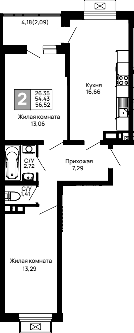 2-комн., 54.43 м², 10/14 этаж, ЖК «Долина»